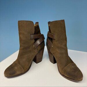 RAG & BONE Sz 38 Harrow Suede Tan Brown Booties w/  Straps Stalked 3.5” Heel